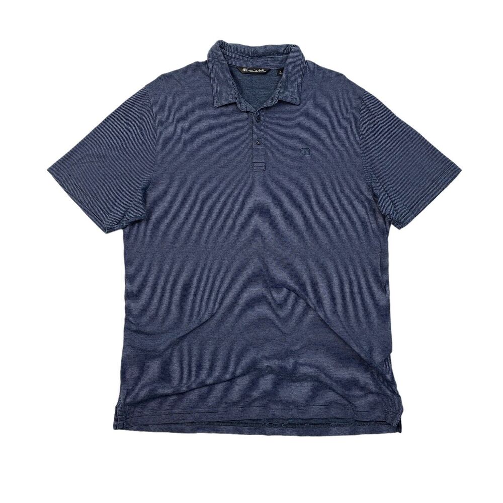 Travis Mathew Polo Shirt Mens L Large Blue Black Striped Cotton Modal Blend